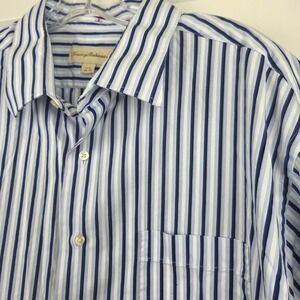 Tommy Bahama Mens Blue White Striped Cotton Button Down Shirt 17.5 34-35